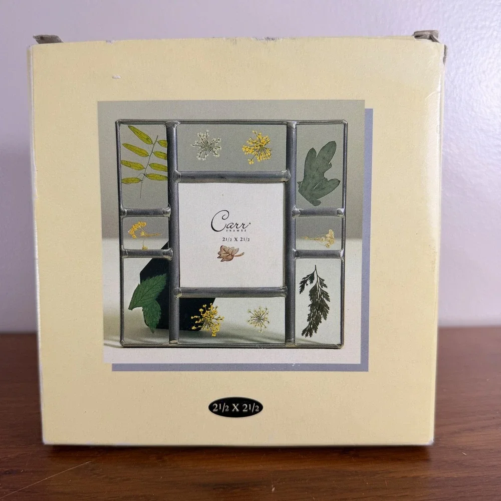 Vintage 1998 Carr Pressed Wildflower Glass Photo Frame 2.5x2.5 Original Box